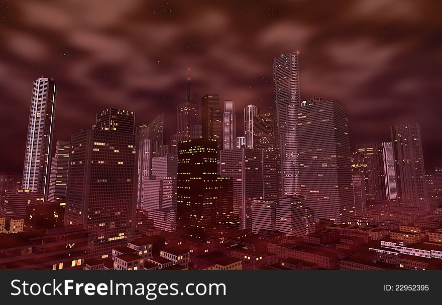 A city at night rendered in 3D.