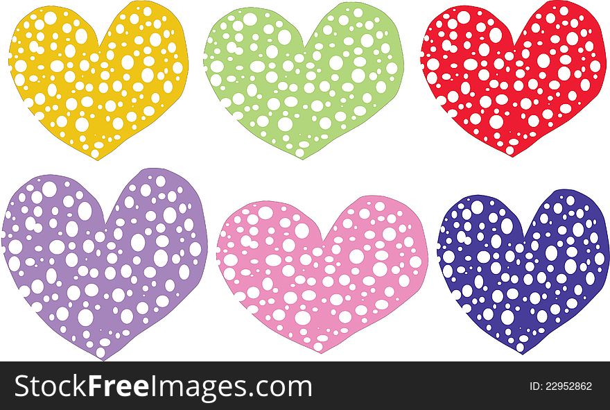 Six varicoloured hearts with groups on a white background. Six varicoloured hearts with groups on a white background
