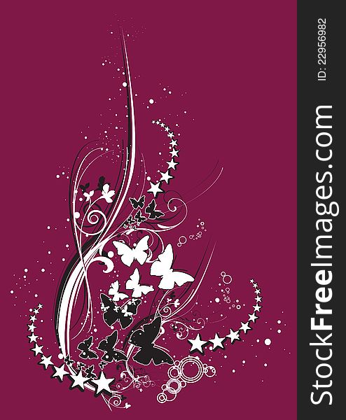 Black white floral illustration with butterflies and stars. Black white floral illustration with butterflies and stars