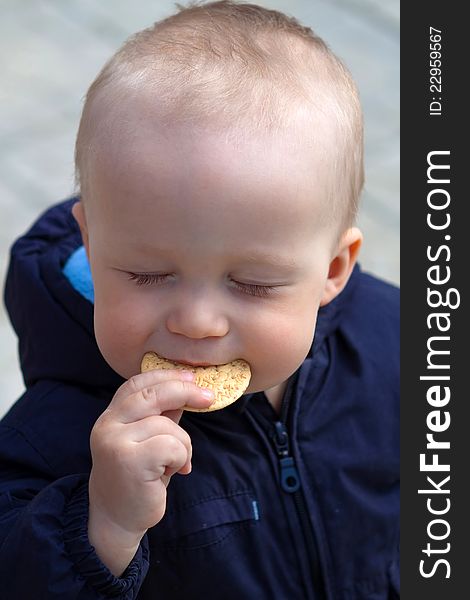 The boy eats cookies and has closed eyes from pleasure. The boy eats cookies and has closed eyes from pleasure