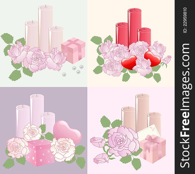 Four vector Valentine`s day backgrounds with roses and candles. Four vector Valentine`s day backgrounds with roses and candles