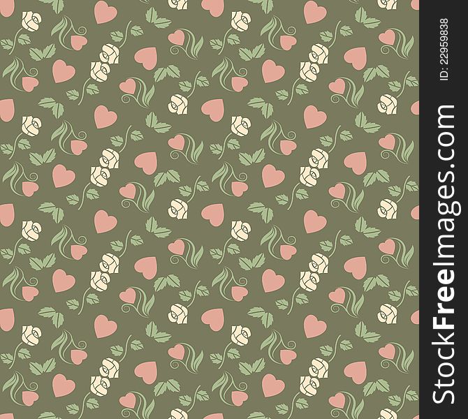 Valentine seamless pattern with hearts and roses