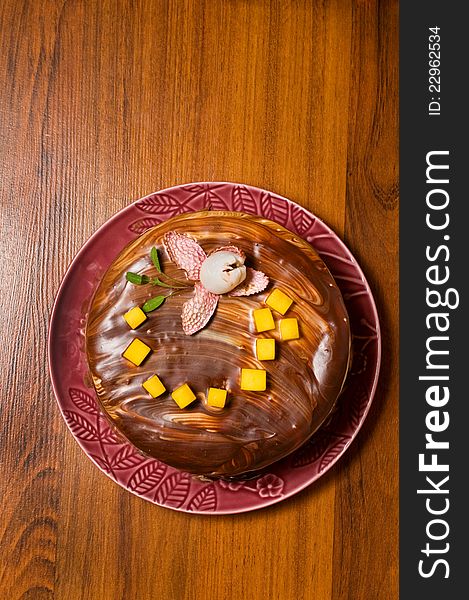 Top view of a chocolate layer cake