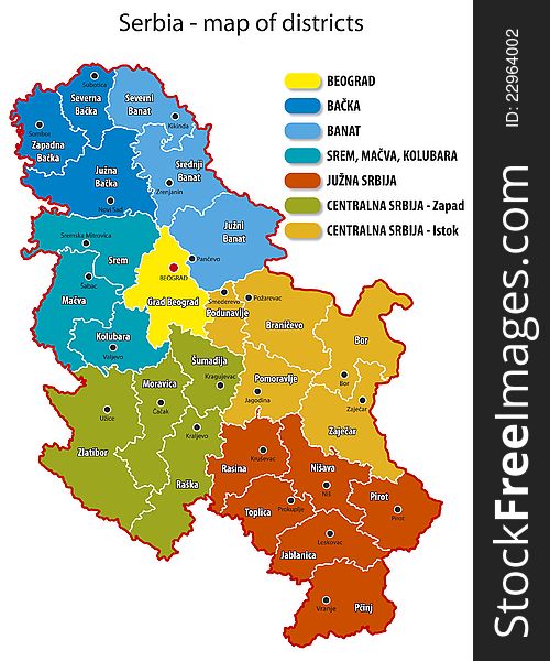 Situational map of regions and areas in Serbia (Europe). Situational map of regions and areas in Serbia (Europe).