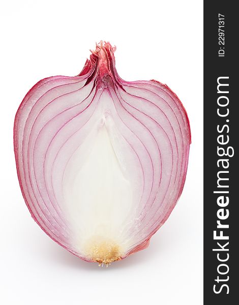 Close-up shot of a red onion section on white background