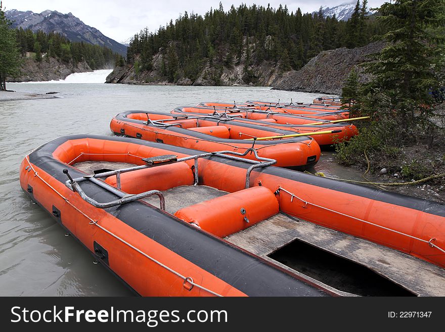 Boats on the Bow River in Banff. Alberta. Canada