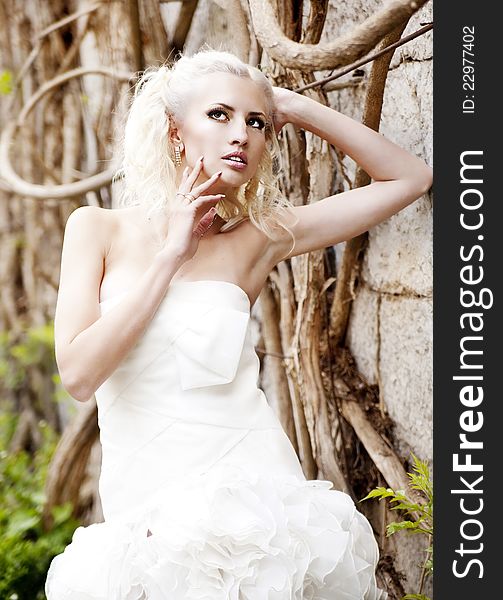Beautiful bride with white hair walking in the park. Beautiful bride with white hair walking in the park