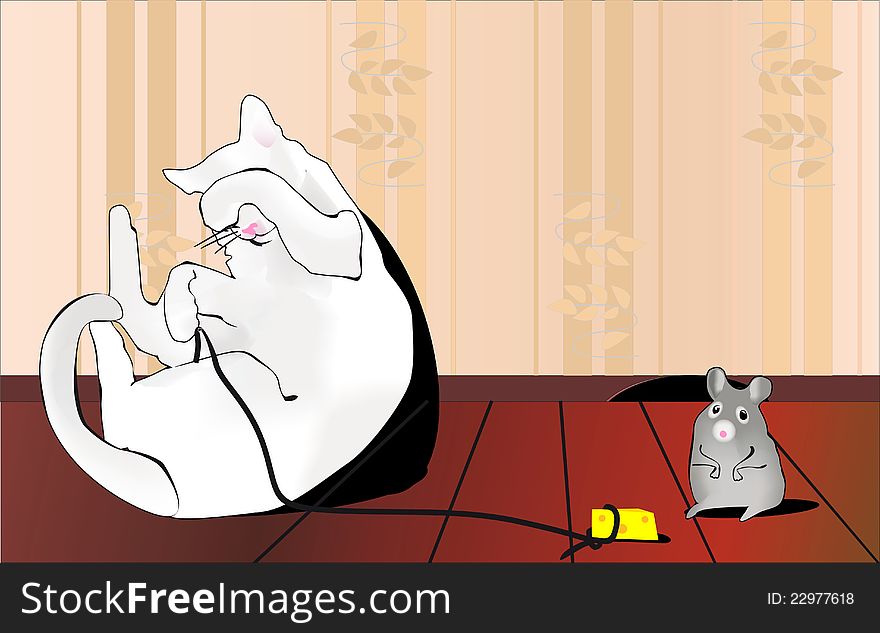 rncat with a mouse in a cartoon illustration style. rncat with a mouse in a cartoon illustration style