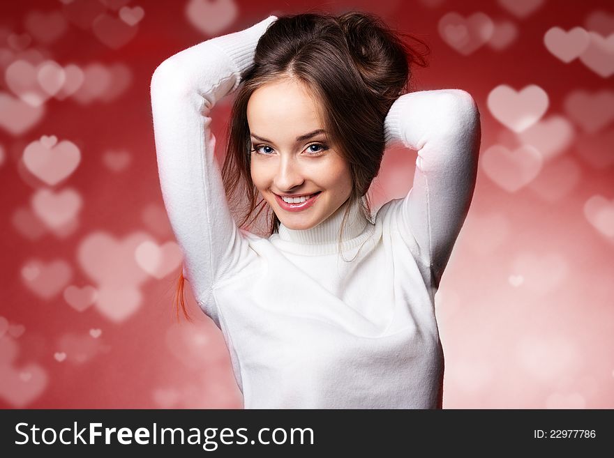 Photo of beautiful woman with red hearts. Photo of beautiful woman with red hearts
