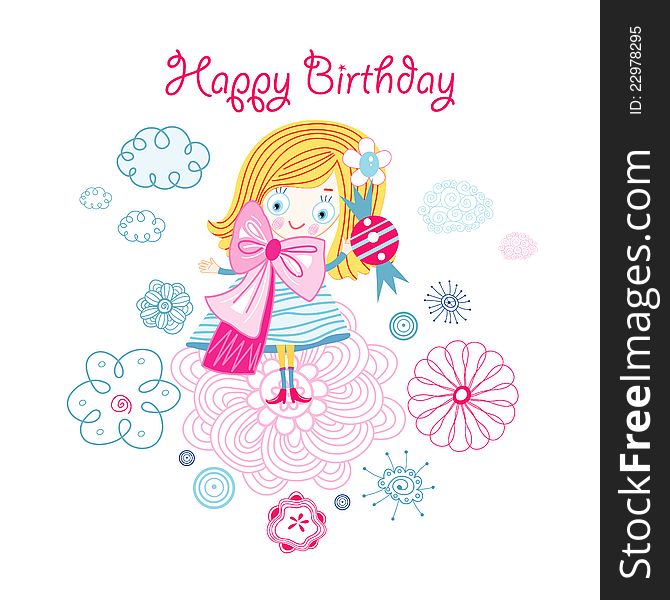 Bright greeting card with a funny little girl in floral backgroundrn. Bright greeting card with a funny little girl in floral backgroundrn