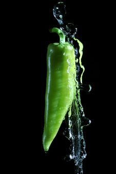 Green Pepper Splashed By Water Royalty Free Stock Image