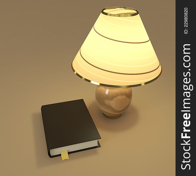 Nameless book near lighting table lamp. 3d render. Nameless book near lighting table lamp. 3d render.