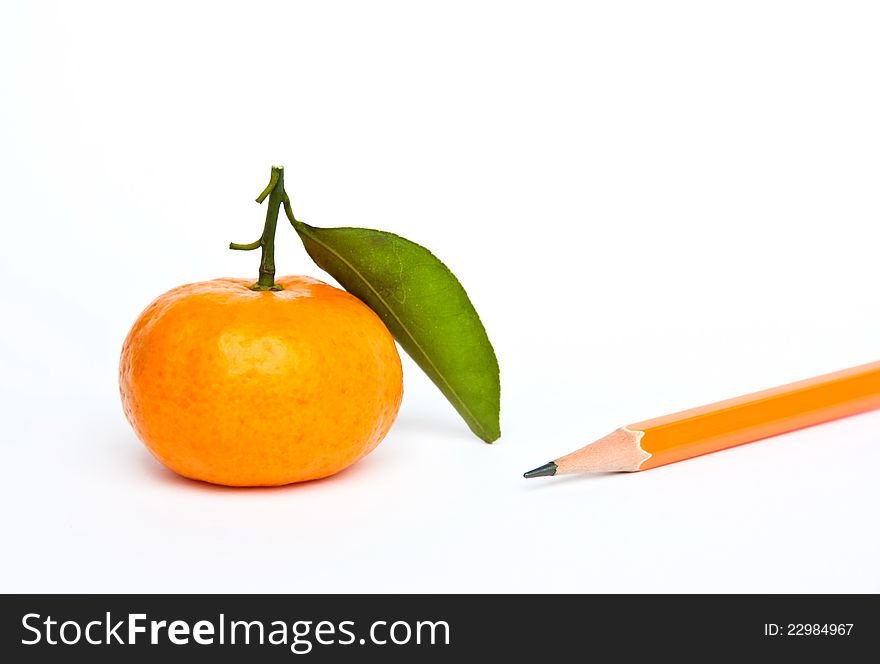 Pencil and the orange are same color on white background. Pencil and the orange are same color on white background