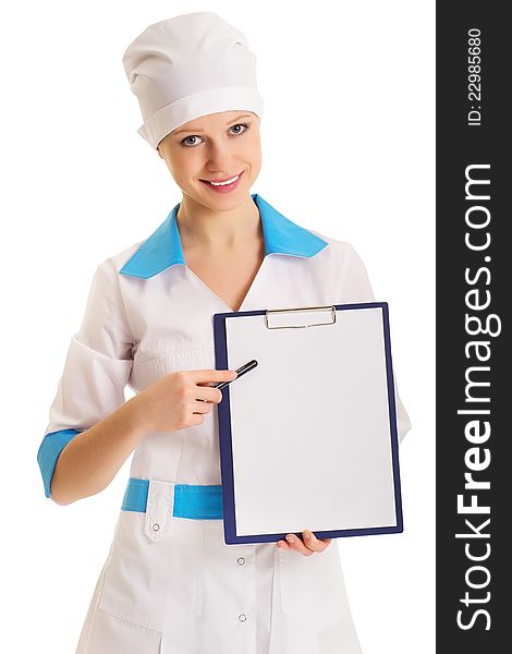 Woman doctor with an advertising tablet on a white background