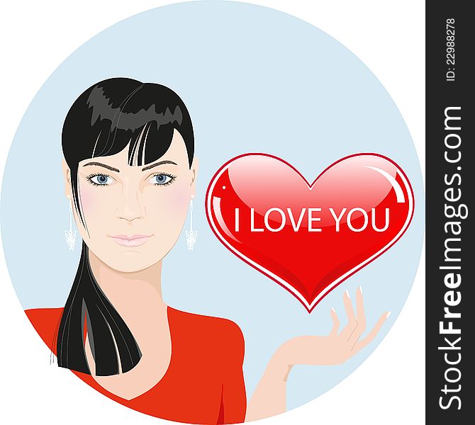 Girl with red heart: valentines day illustration on a blue round background