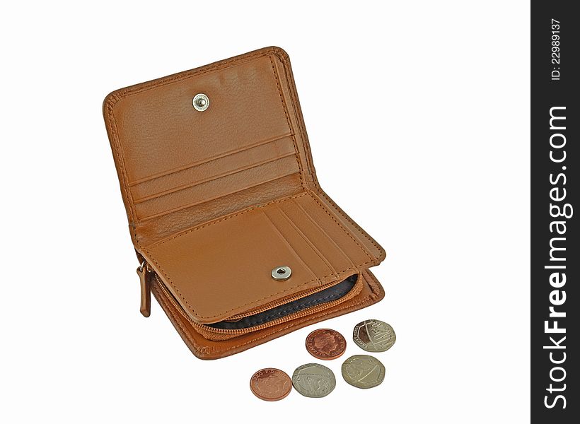 Brown purse or wallet with coins on white background. Brown purse or wallet with coins on white background