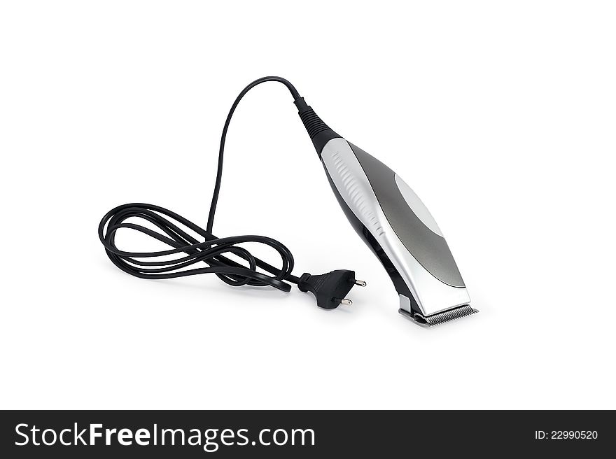 Modern electric hair clipper with cable on white background. Clipping path is included