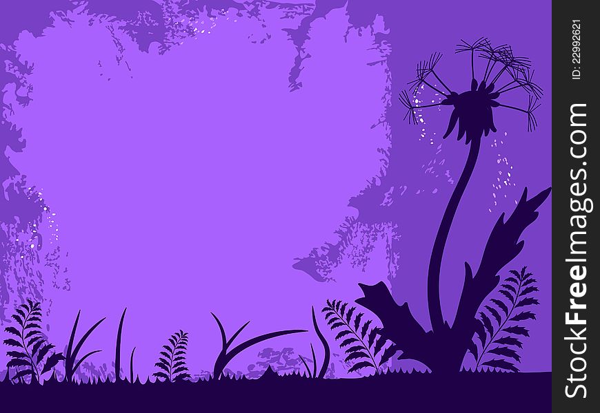Violet grunge frame with silhouettes of dandelion and grass. Violet grunge frame with silhouettes of dandelion and grass