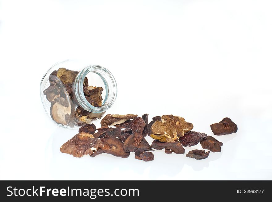 Jar with dried mushrooms at white background