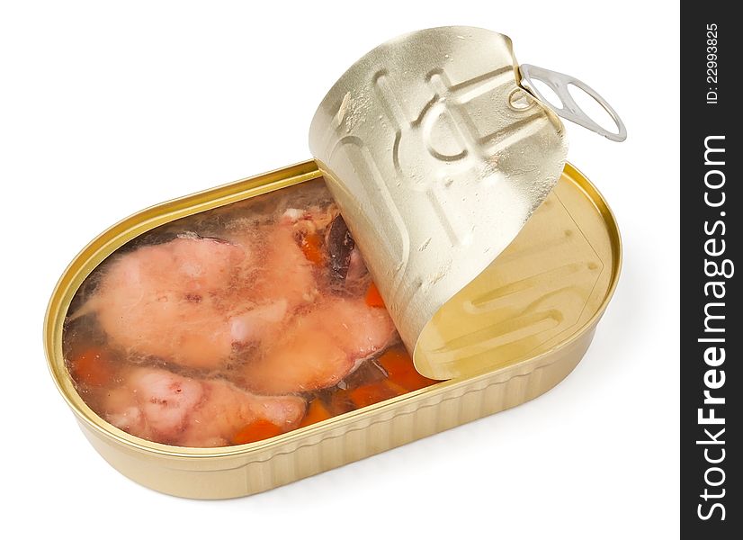 Catfish in aspic in an open preserves can