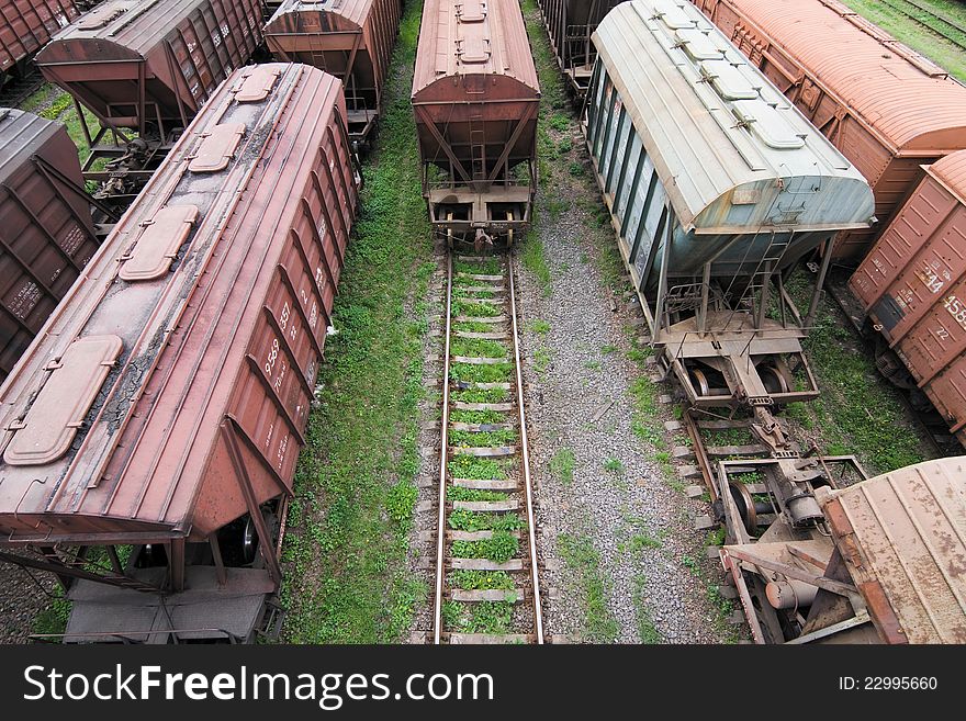 Freight Station with many old wagons of Soviet Union
