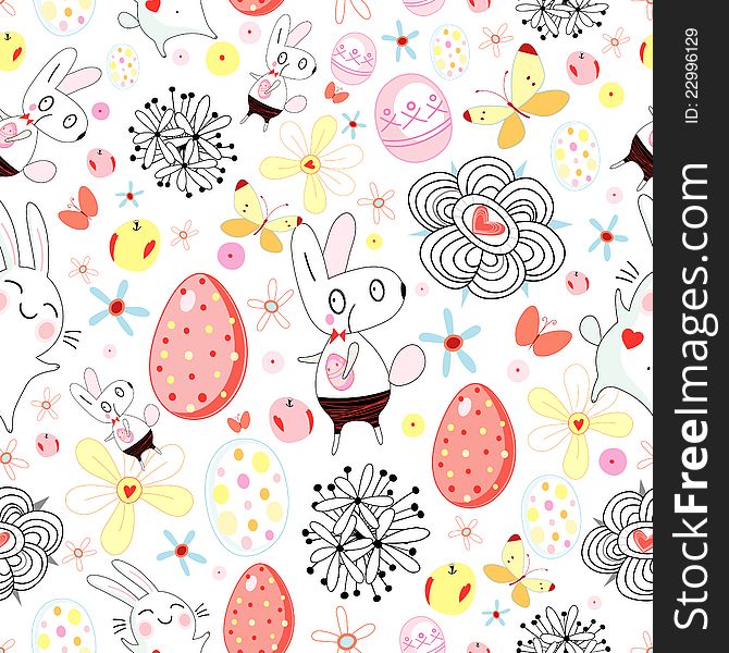 Seamless floral pattern with easter rabbits and eggs on a white background. Seamless floral pattern with easter rabbits and eggs on a white background