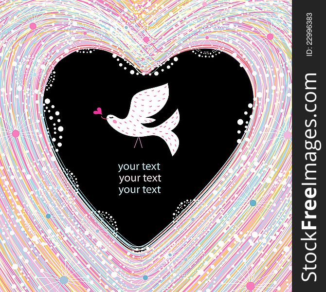 Graphic decorative background with heart and love birdrn