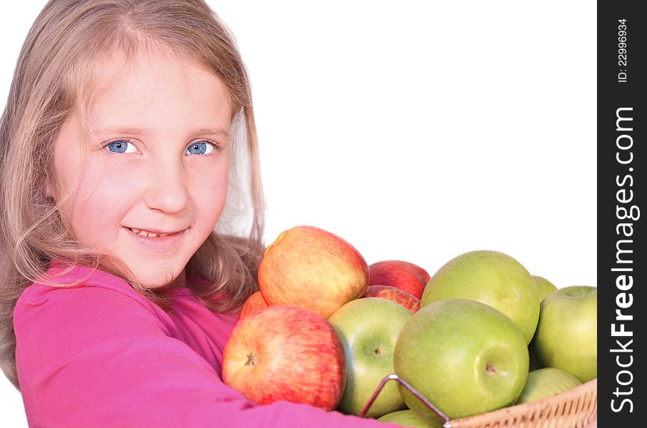 Girl holding basket of fresh apples, sweet helpful. Girl holding basket of fresh apples, sweet helpful