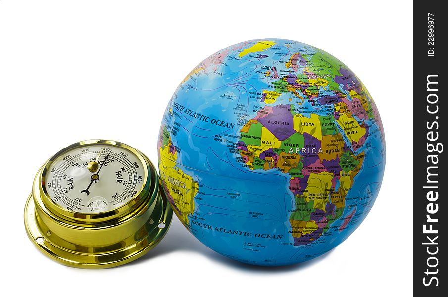 Barometer and globe are instruments for geographic and weather studies. Barometer and globe are instruments for geographic and weather studies