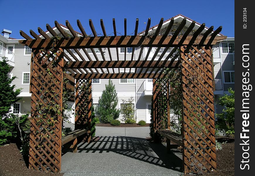 Arbor in the courtyard of a retirement /assisted living home. Arbor in the courtyard of a retirement /assisted living home