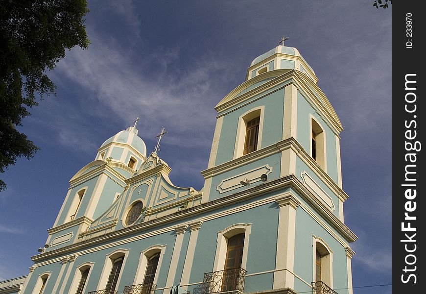 Neoclassical blue church in Santarem - Amazonian city - Brazil
