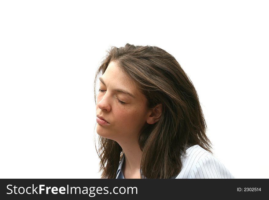 Young woman isolated over white background with eyes closed