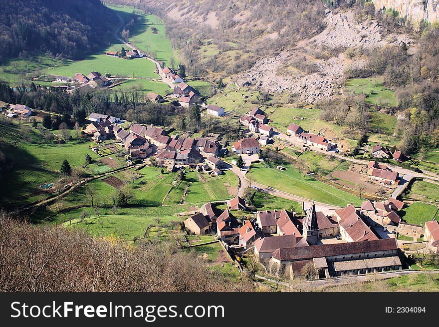 Panoramic bird-eye view on ancient french village in natural canyon. Panoramic bird-eye view on ancient french village in natural canyon