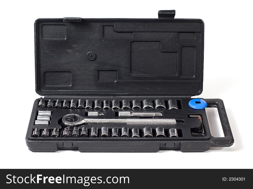 A socket set in open plastic case