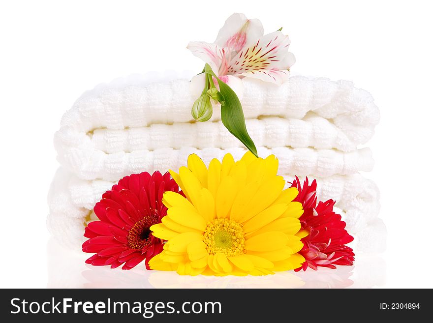 Towels and flowers on white background. Towels and flowers on white background