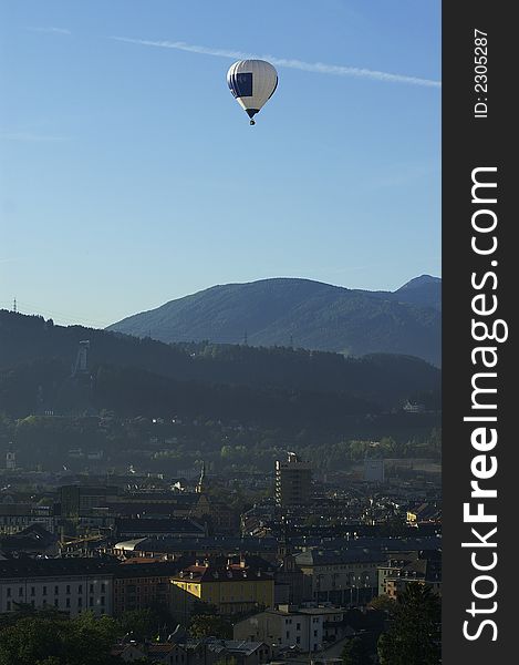 A balloon hovering over Innsbruck. A balloon hovering over Innsbruck