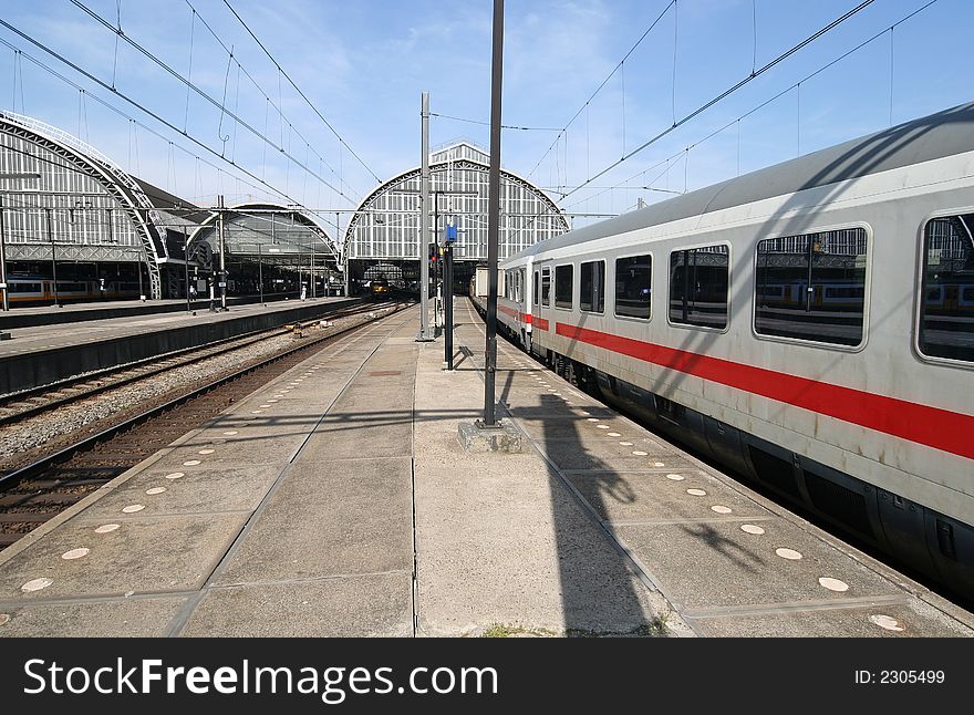 Train entering the Amsterdam trainstation