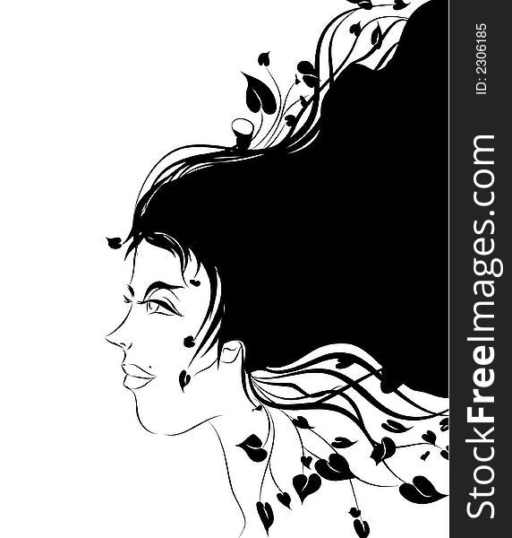 Graphic illustration showing woman's face with her hair blown in the wind. Graphic illustration showing woman's face with her hair blown in the wind