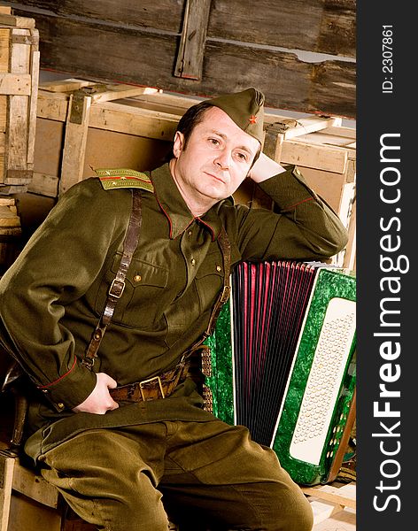Soldier in historical soviet military uniform of World War II. Soldier in historical soviet military uniform of World War II