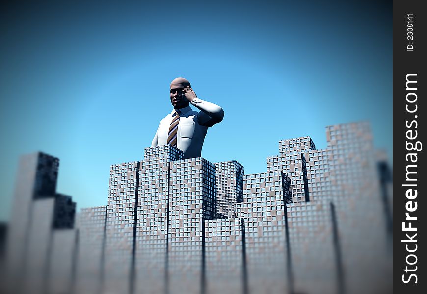 An conceptual image of a man standing over a city that he works in. An conceptual image of a man standing over a city that he works in.