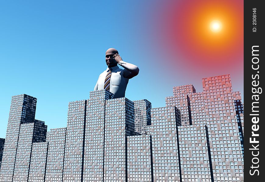 An conceptual image of a man standing over a city that he works in. An conceptual image of a man standing over a city that he works in.