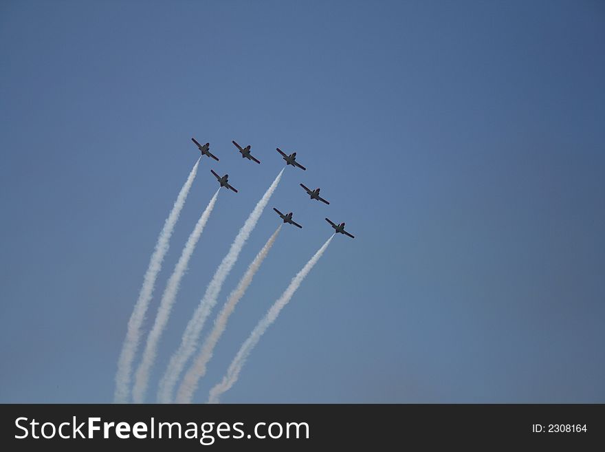 Exhibition militaries airplanes in sky. Exhibition militaries airplanes in sky