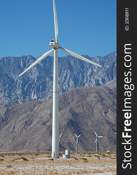 A wind turbine is shown here from a southern California wind farm.