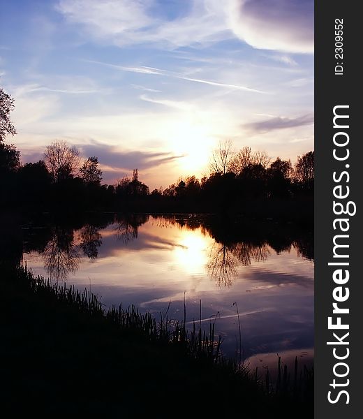 Sunset sun reflection in river