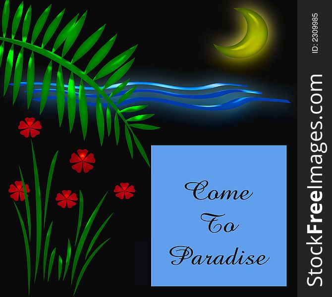 Tropic beach scene illustration come to paradise