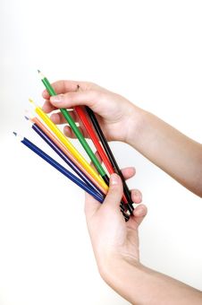 Colored Pencils In The Hands Of Girls Royalty Free Stock Photo