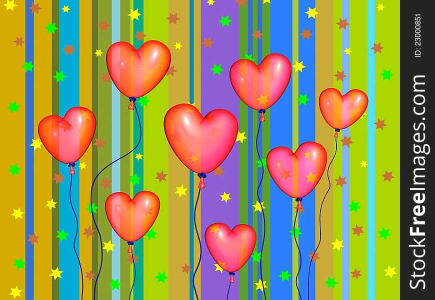 A colorful three dimensionally rendered illustration of balloon shaped hearts. A colorful three dimensionally rendered illustration of balloon shaped hearts