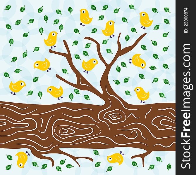 Cartoon birds on a branch with falling leaves for graphic background use. Cartoon birds on a branch with falling leaves for graphic background use