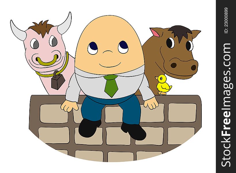 A cartoon egg shaped man sitting on a wall with animals. A cartoon egg shaped man sitting on a wall with animals