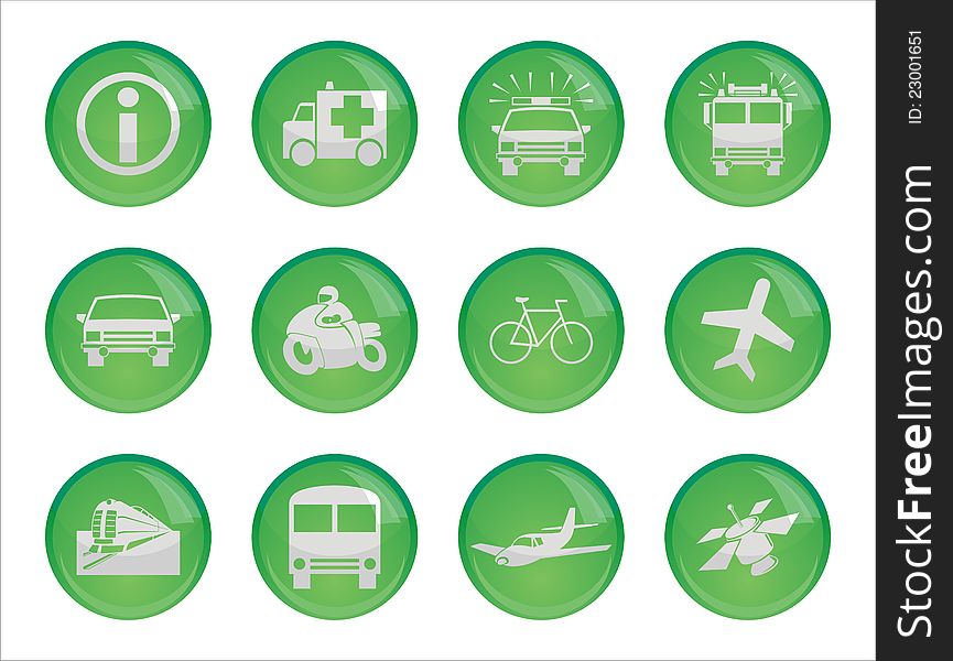 Set of twelve transport green glossy icons